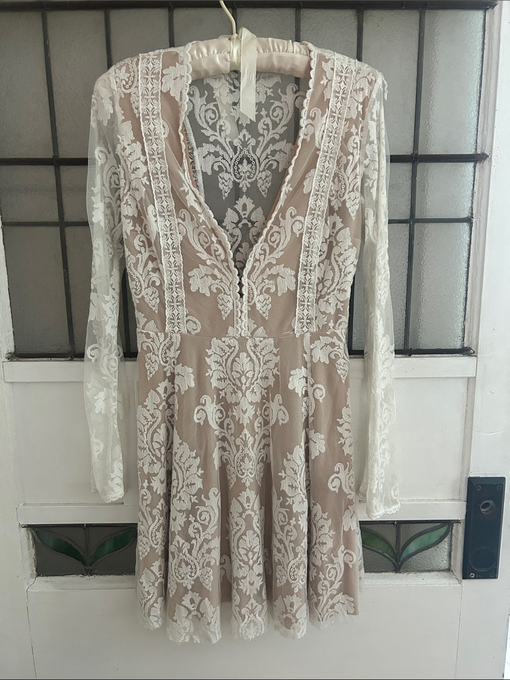 Honey Punch Women’s Lace Overlay V-Neck Dress in Ivory and Beige